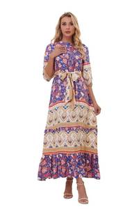 lot 91060 image: HECCPLI Women 34 Sleeves Front Buttons Floral Print Casual Bohemian Maxi Dresses small