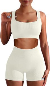 lot 91066 image: Workout Sets for Women Two Piece Sets for Women Summer Seamless Ribbed High Waist Leggings with Sports Bra Crop Tank Gym Yoga Sets, Beige, M