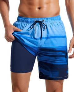lot 91067 image: SILKWORLD Swim Trunks Men Quick Dry 2 in 1 Swim Shorts Men with Zipper Pockets Bathing Suit, Blue Gradient Stripe, X-Large