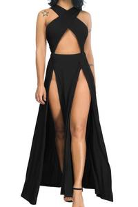 lot 91068 image: Velius Women Sexy Hollow Out Halter Wrap Sleeveless Plain Pleated Slit Casual Long Maxi Dress (Medium, Black)