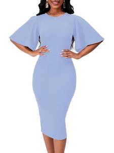 lot 91069 image: Womens Basic Bodycon Ruffle Flared Short Sleeve Pencil Midi Dress, Lightblue XL