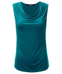 lot 91070 image: FASHIONOLIC Womens Cowl Neck Ruched Draped Sleeveless Stretchy Blouse Casual Tank Top (Made in USA) (PHI419) Jade 2X