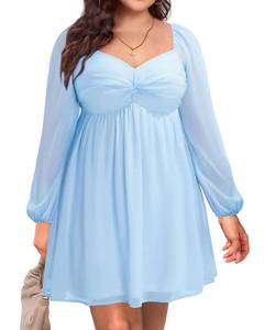 lot 91073 image: Pinup Fashion Women Plus Size Graduation Dress Spring Easter Puff Long Sleeve Homecoming Chiffon A-Line Light Blue Short Swing Dresses 24W
