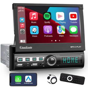 lot 1633 image: Single Din Car Stereo Apple Carplay and Android Auto 1 Din 7 inch Flip Out Touchscreen Car Radio with Bluetooth and Mic - Retail $87.99