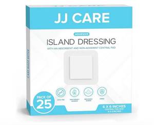 lot 3004 image: JJ CARE Adhesive Island Dressing pack of 25, 6x6 Sterile Bordered Gauze Dressing