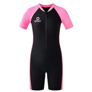 lot 91077 image: karrack Girls and Boys One Piece Rash Guard Swimsuit Kid Water Sport Short Swimsuit UPF 50 Sun Protection Bathing Suits Black (Size 6-7Years)