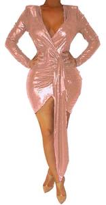 lot 91079 image: Yiershu Sexy V Neck Dresses for Women Dress Bodycon Long Sleeve Ruched Mini Dresses Pencil Clubwear Belt for Evening Party Pink Gold 3XL