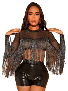 lot 91083 image: GORGLITTER Womens Sheer Mesh Glitter Sparkly Long Sleeve Tee Crop Top Fringe Round Neck Tassel T Shirt Black Large