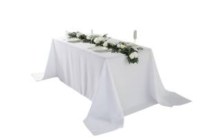 lot 91084 image: Craft And Party Rectangle Tablecloth, 90 x 156 Inch White Tablecloth, 8ft Rectangle Table Cloth, Polyester Fabric Washable Tablecloth for Home, Party, Wedding or Restaurant Use.