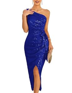 lot 91085 image: GRACE KARIN Women Sleeveless One Shoulder Sequin Dress Sparkly Glitter Wrap Dress Cocktail Party Wedding Maxi Dresses with Slit Royal Blue S