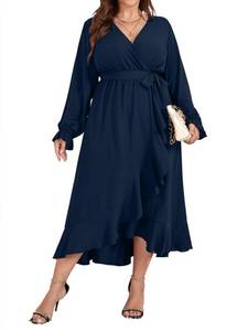 lot 91089 image: SCOMCHIC Women Plus Size Wedding Guest Maxi Dress Long Sleeve Wrap V Neck High Low Split Ruffle Cocktail Dress with Belt Navy Blue 3XL