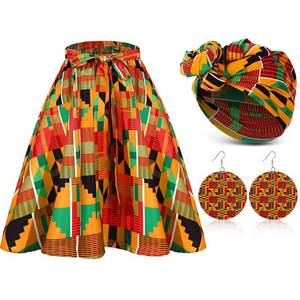 lot 91092 image: Coume 3 Pcs Women African Dashiki Skirt Traditional Costume African Bohemian Head Wrap Scarf Drop Dangle Earring (X-Large)