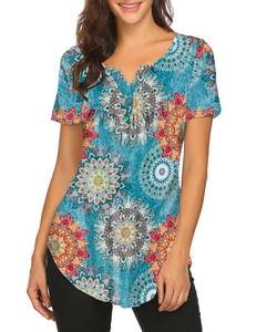 lot 91100 image: Halife Womens Tunics Tops Short Sleeve V Neck Boho Floral Summer Shirts Button Up Swing Pleated Blouses L Blue