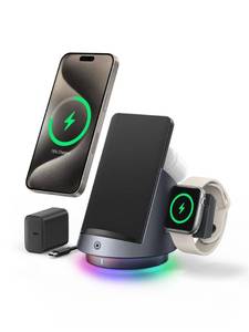 lot 91112 image: 3 in 1 Charging Station for Apple Products,Wireless Charging Stand for Apple WatchAirPods,Rotating & RGB Light Adjust,Wireless Charger for iPhone 15 14 13 12 11 Pro Max Plus,iWatch 1-9Ultra