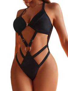 lot 91116 image: BEAUDRM Womens Solid Ring Linked High Cut Out Backless One Piece Swimsuit Y2K Bathing Suits Swimwear Beachwear Black Medium