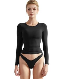 lot 91117 image: SUUKSESS Women Double Lined Fitted Basic Tee Shirts Crew Neck Long Sleeve Going Out Crop Tops (Jet Black, L)