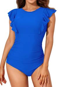lot 91118 image: Smismivo Tummy Control Swimsuits for Women Slimming One Piece Bathing Suit High Neck Modest Ruffle Long Torso Ruched Short Cap Flutter Sleeve Swimming Full Coverage Swimwear for Pool (Royal Blue)