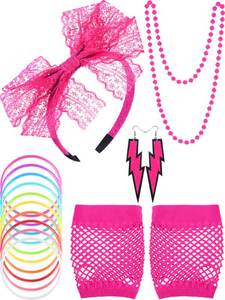 lot 91124 image: Blulu 80s Accessories Women Lace Headband Earrings Fishnet Gloves Necklace Bracelet for 80s Retro Party Halloween(Rose Red)