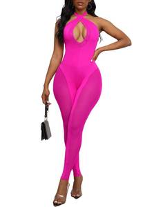 lot 91125 image: Hilinker Womens Sexy Mesh Bodycon Jumpsuit See Through Halter Party Club Outfits A-Pink Large
