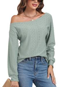lot 91126 image: LYANER Womens Eyelet Sexy Off Shoulder Long Sleeve Solid Top Shirt Blouse Pea Green Large