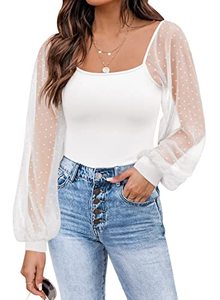 lot 91128 image: DOROSE Womens Mesh Long Sleeve Shirts Casual Blouses Tops White S