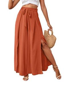 lot 91136 image: LYANER Womens Tie Front High Waist Side Split Slit Flowy Wide Leg Pleated Pant with Belt Pumpkin Orange Large