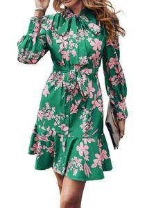 lot 91137 image: MakeMeChic Womens Floral Long Sleeve Tie Neck Button Front Ruffle Hem Short Dress with Belt Green L