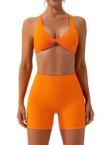 lot 91138 image: ABOCIW Workout Sets for Women Sexy Twist Front Cross Cross Back Sports Bra High Waist Biker Shorts 2 Piece Gym Yoga Outfits W-Orange Small