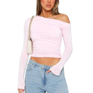 lot 91148 image: Womens Y2k Long Sleeve Off Shoulder Tee Shirt Boat Neck Asymmetrical Going Out Tops Slim Fit Stretchy Shirt(A-Pink,S)