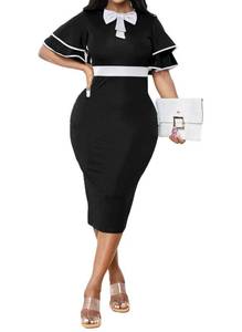 lot 91150 image: Bodycon Solid Dresses for Women Elegant Short Ruffles Sleeve Crew Neck Midi Pencil Dress Outfits Business Casual Sexy Clubwear for Work with Bowknot(Black,L)