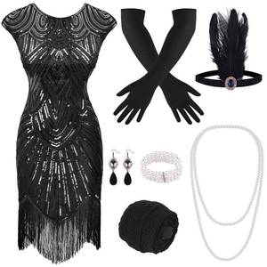 lot 91157 image: PLULON 1920s Sequin Beaded Fringed Flapper Dress Great Gatsby Dresses for Women with roaring 20s Costumes Accessories Set (Black)