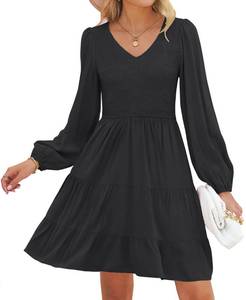 lot 91167 image: ZESICA Womens Casual V Neck Long Sleeve Smocked High Waist Ruffle A Line Tiered Mini Dress,Black,Medium