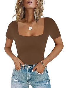lot 91168 image: Chunpin Womens Sexy Square Neck Short Sleeve Bodysuit Tops Double Lined Thong Bodysuit Brown M