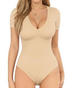 lot 91169 image: MANGOPOP V Neck Bodysuits for Women Short Sleeve Body Suits Basic Top Casual Shirt XL