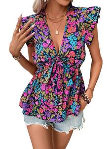 lot 86601 image: Floerns Womens Floral Print Ruffle Cap Sleeve Deep V Neck Tie Front Ruffle Hem Peplum Blouse Tops Multicolor L