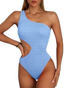 lot 86603 image: Limeeke Women Sexy Cut Out One Piece Swimsuit One Shoulder Swimwear Ribbed Textured Monokini Bathing Suit Light Blue XXL