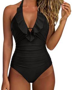 lot 86605 image: SUUKSESS Women Sexy Halter One Piece Swimsuits Ruffle V Neck Tummy Control Bathing Suits (Black, M)