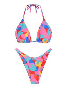lot 86631 image: ZAFUL Womens Color Block 2 Piece Bikini Set Triangle Bathing Suit HalterTop High Cut Thong Bathing Suit (DMulti S)