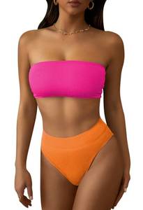 lot 86634 image: Pink Queen Womens High Waisted Bathing Suit 2 Pieces Ribbed High Cut Brazilian Bikini Swimsuit Swimwear Rose M