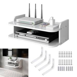 lot 86652 image: Catekro Floating Wall Shelf for Modem Equipment, with 4 pcs White Shelf Bracket, Wall Mount Entertainment Shelf, Modem Shelf, for Use in Living Rooms, Bedrooms, Offices and Study Rooms