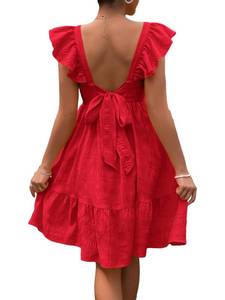 lot 86665 image: OYOANGLE Womens Maternity Tie Backless Ruffle Trim Short Sleeve Square Neck A Line Dress Solid Plain Flared Dresses Red Solid Small