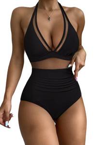 lot 86672 image: RXRXCOCO Women Sexy V Neck Mesh One Piece Bathing Suit Halter Push Up Tummy Control Swimsuit Swimwear Large Black