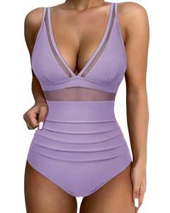 lot 86675 image: SUUKSESS Women Slimming Tummy Control One Piece Swimsuits Sexy Mesh High Waisted Monokini Bathing Suits (Light Purle, M)
