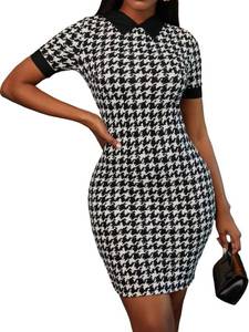 lot 86680 image: Floerns Womens Houndstooth Print Contrast Collar Short Sleeve Bodycon Mini Dress Black White Multi M