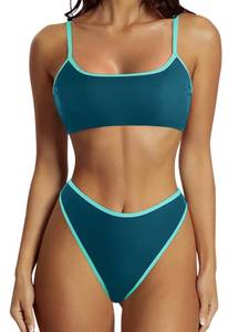lot 86681 image: SUUKSESS Women High Waisted Two Piece Bikini Sets Cheeky High Cut Bandeau Swimsuits Push Up Bathing Suit(Green Blue,M)
