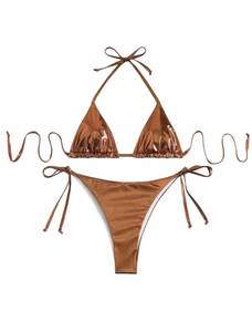 lot 86685 image: Falainetee Womens Metallic Shiny Bathing Suit High Waisted Triangle Tie Side Swimsuit Bikini Set Brown S