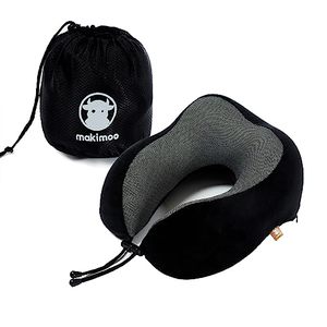 lot 86757 image: Makimoo Memory Foam Travel Pillow, Neck Pillow with 360-Degree Head Support, Comfortable and Lightweight, Ideal for Sleeping on Airplane, Car, Train, Bus and Home Use, Comes with Storage Bag (Black)