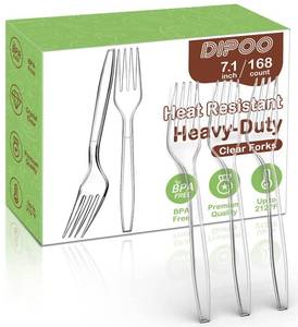 lot 86783 image: Dipoo 7.1 Clear Plastic Forks Heavy Duty with Heat Resistant & BPA Free, Solid and Durable Plastic Cutlery, Premium Disposable Forks for Party Supply(168 Count)