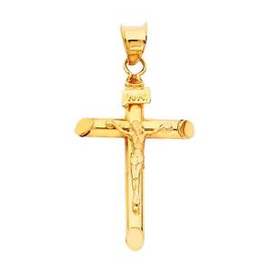 lot 86788 image: 14K Yellow Gold Jesus Engraved Cross Pendant - Crucifix Charm Polish Finish - Handmade Spiritual Symbol - Gold Stamped Fine Jewelry - Great Gift for Men & Women, 25 x 17 mm, 1 gms - Retail $121.29