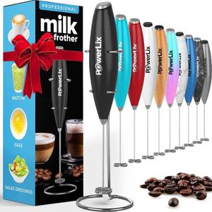 lot 86791 image: PowerLix Powerful Handheld Milk Frother With Stand Battery Operated Foam Maker Frother Wand For Coffee, Latte, Cappuccino, Hot Chocolate, Mini Drink Mixer Stainless Steel Whisk